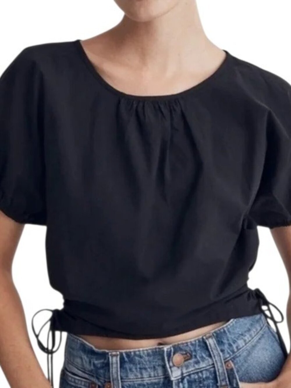 Madewell Embroidered Poplin Puff-Sleeve Cutout Crop Top Black Large Preppy Ties